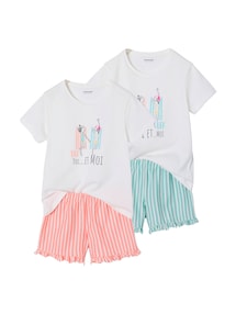 2er-Pack kurze Schlafanzüge mit gestreiten Shorts Mädchen, Recycling-Baumwolle