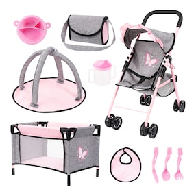 Puppen-Buggy Set mit Reisebett, Spielbogen und Zubehör