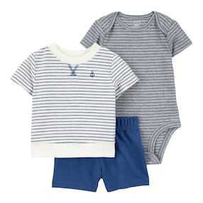 3-tlg. Set Body kurzarm, T-Shirt und Shorts Ringel
