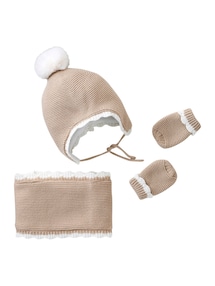 Baby-Set: Mütze, Snood und Fäustlinge mit Muschelsaum