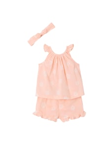 Bedrucktes Mädchen Baby-Set: Top, Shorts & Haarband