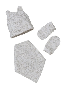Baby-Set aus Jersey: Mütze, Fäustlinge & Halstuch in Beutel