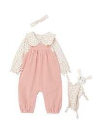 4-teiliges Baby-Set mit Geschenkbox: Shirt , Latzhose, Haarband & Schmusetuch