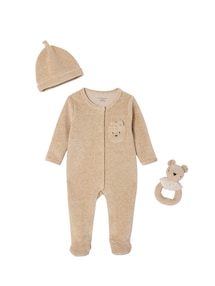 Baby-Geschenkset aus Strampler, Mütze und Rassel
