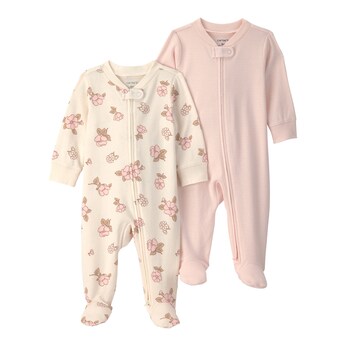2er-Pack Schlafoveralls mit Fuß Blumen Ringel