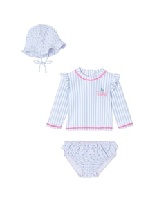 Gestreiftes Baby-Set: UV-Badeshirt, Badeshorts und Sonnenhut, Kirschmotiv