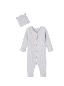 Baby-Set: gerippter Strickoverall & Mütze mit Ohren