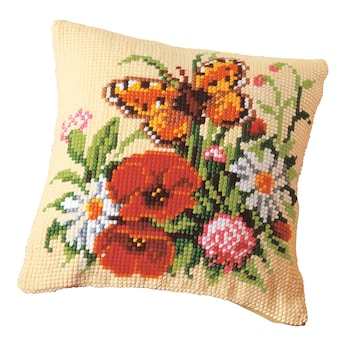 Kreuzstichkissen "Blumen mit Schmetterling"