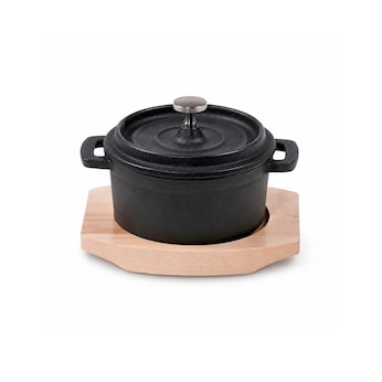 Freyersbacher Mini Cocotte 9 cm Gusseisen, Kleiner Emaille Topf | Rund, mit Brett und Tuch