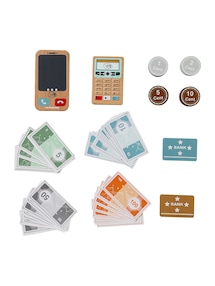 Papier-Spielgeld mit Kartenterminal und Smartphone aus Holz FSC®