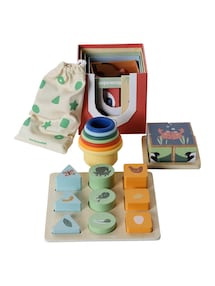 Lernspiel-Set ab 18 Monaten: Formen-Puzzle, Würfel-Puzzle, Stapelspiel, Perlenspiel und Becherturm aus Holz FSC®