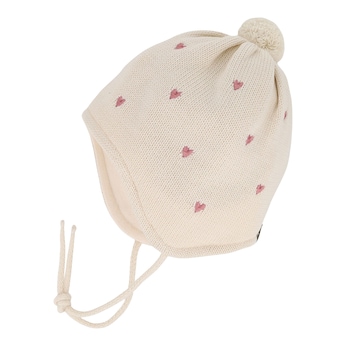 Winter-Strickmütze mit Bommel Herz-Stickereien