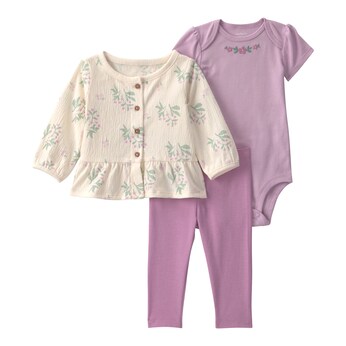 3-tlg. Set Body kurzarm, Jacke und Leggings Blumen gekreppt