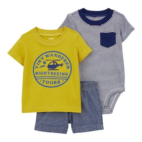 3-tlg. Set Body kurzarm, T-Shirt und Shorts Ringel Hubschrauber