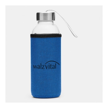 Glazen drinkfles met blauwe hoes van jute, 450 ml