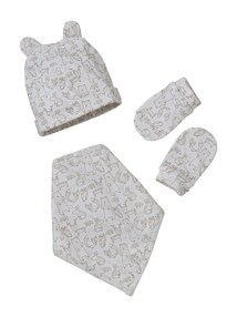 Baby-Set aus Jersey: Mütze, Fäustlinge & Halstuch in Beutel