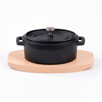 Freyersbacher Mini Cocotte 12x8,5 cm Gusseisen, Kleiner Emaille Topf | Oval, mit Brett und Tuch