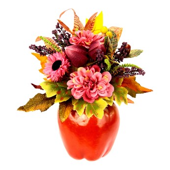 Kunstblumengesteck "Dahlien im Apfeltopf"