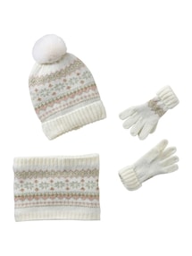 Mädchen Set: Mütze, Rundschal & Handschuhe mit Jacquardmuster und goldenen Details