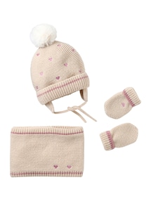 Baby Set: Mütze, Snood und Fäustlinge mit Herzstickerei