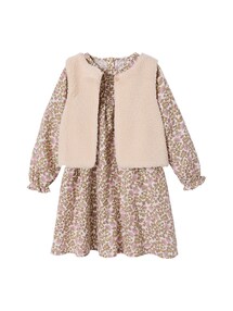 Set aus Musselin-Kleid und Weste aus Teddyfleece Mädchen