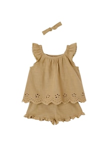 Baby-Set aus Bluse, Shorts und Haarband mit Lochstickerei