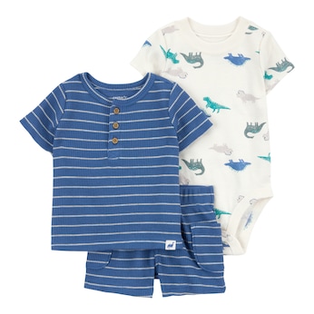 3-tlg. Set Body kurzarm, T-Shirt und Shorts Ringel Dinos